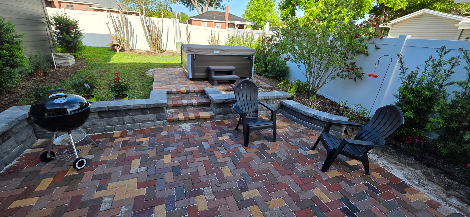 Backyard paver patio with fire pit